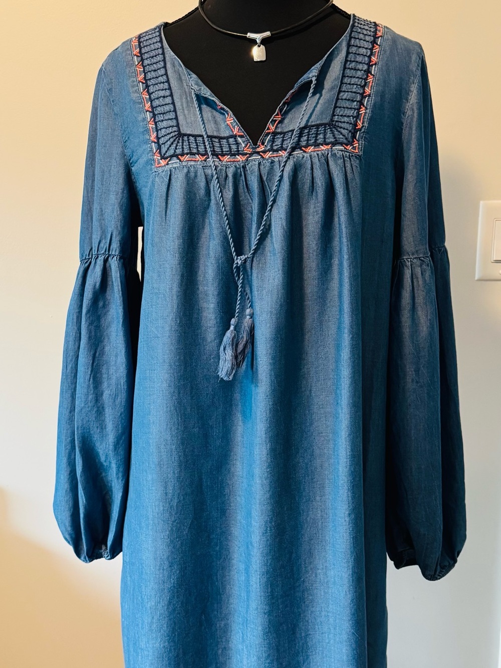 Old Navy Blue Embroidered Chambray Long Sleeve Dress